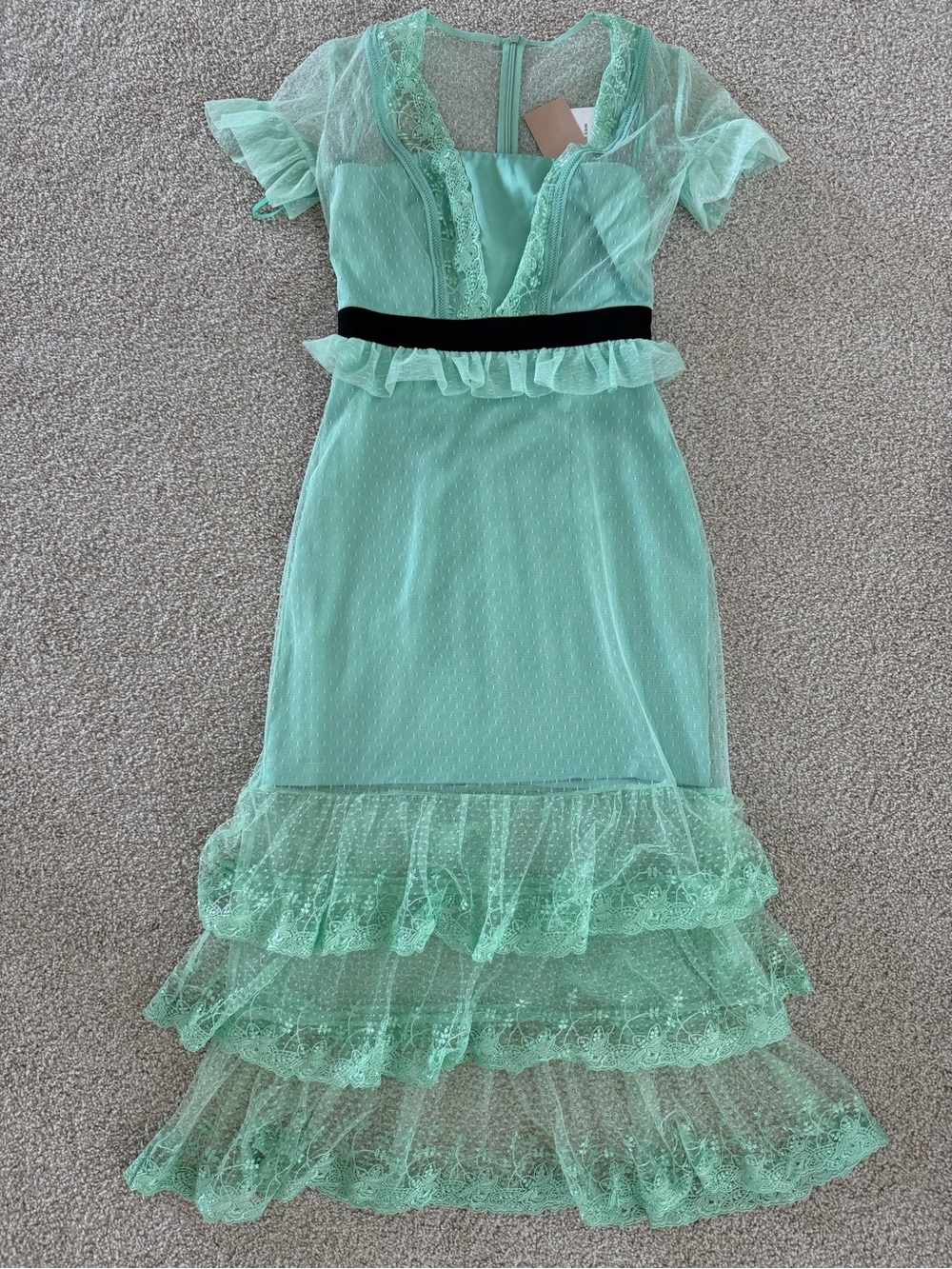Three Floor Mint Lace Tiered Ruffle Midi Dress with Black Waistband